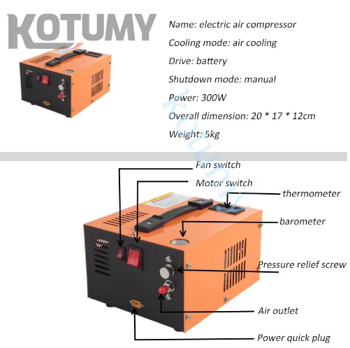 Portable 300W PCP compressor high-pressure 300 bar submersible pump with AC/gas power supply for other applications in gas rifle vehicles