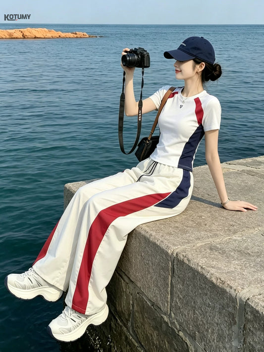 Casual sports outfit - Women's summer color-blocked front-sleeve T-shirt, quick-drying wide-leg pants set