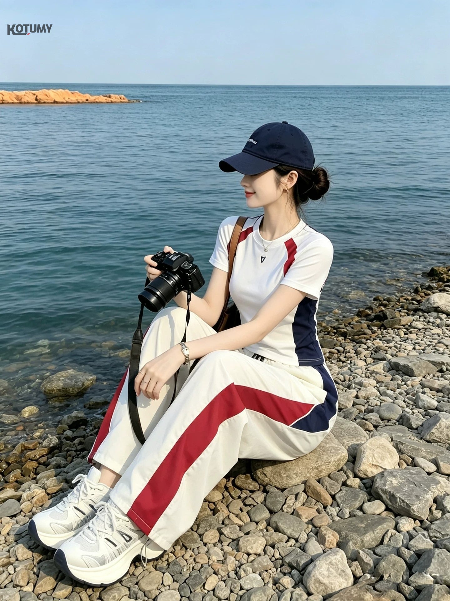 Casual sports outfit - Women's summer color-blocked front-sleeve T-shirt, quick-drying wide-leg pants set