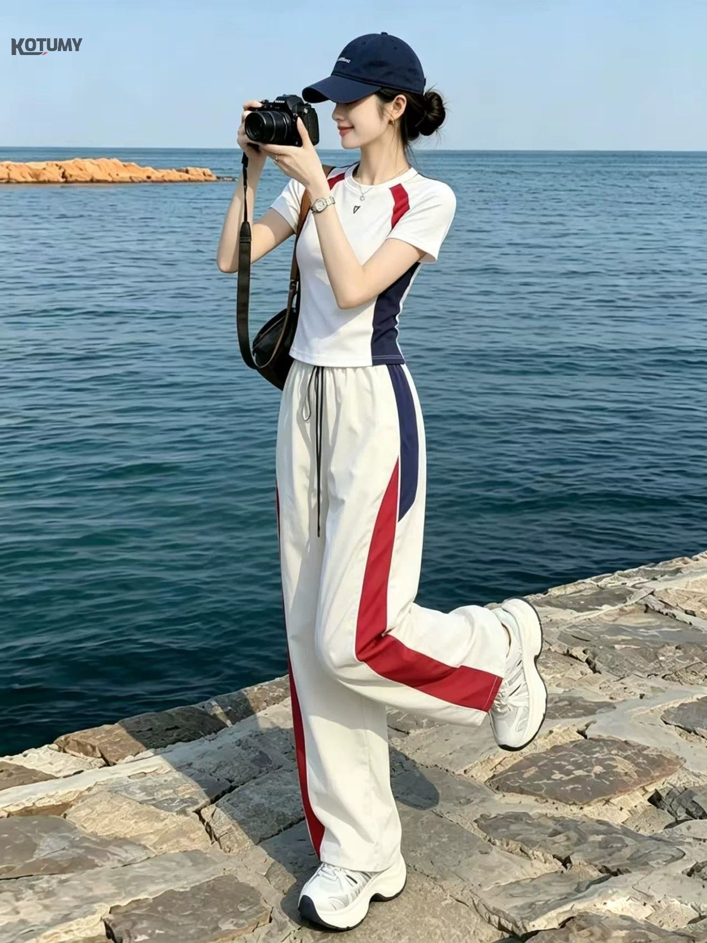 Casual sports outfit - Women's summer color-blocked front-sleeve T-shirt, quick-drying wide-leg pants set