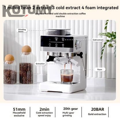 small household coffee machine with integrated grinder and cold brew Italian style