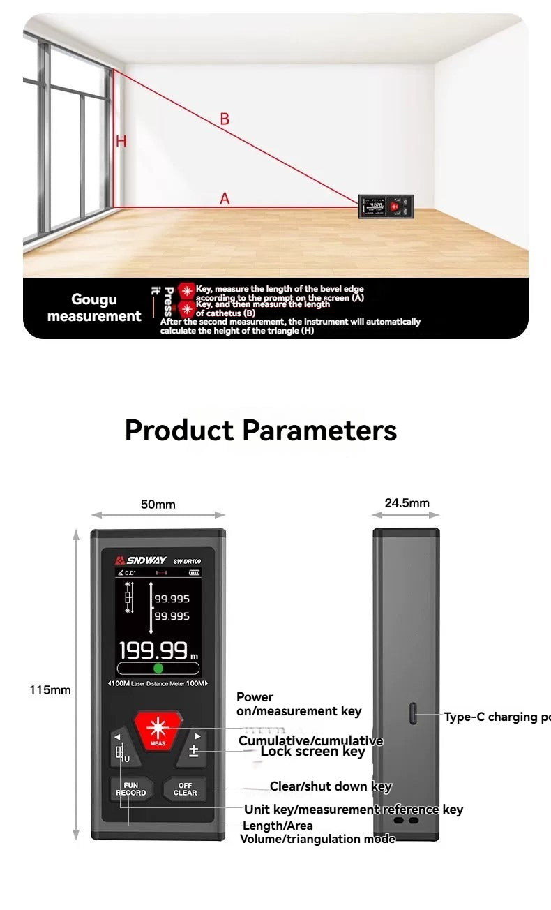 Bidirectional laser distance meter, electronic ruler, high-precision measuring instrument, infrared backside magnetic suction, green light