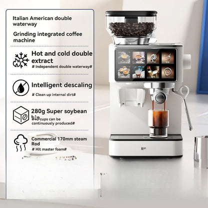 Grinding and hot/cold dual extraction semi-automatic Italian American style household and commercial milk foam small coffee machine